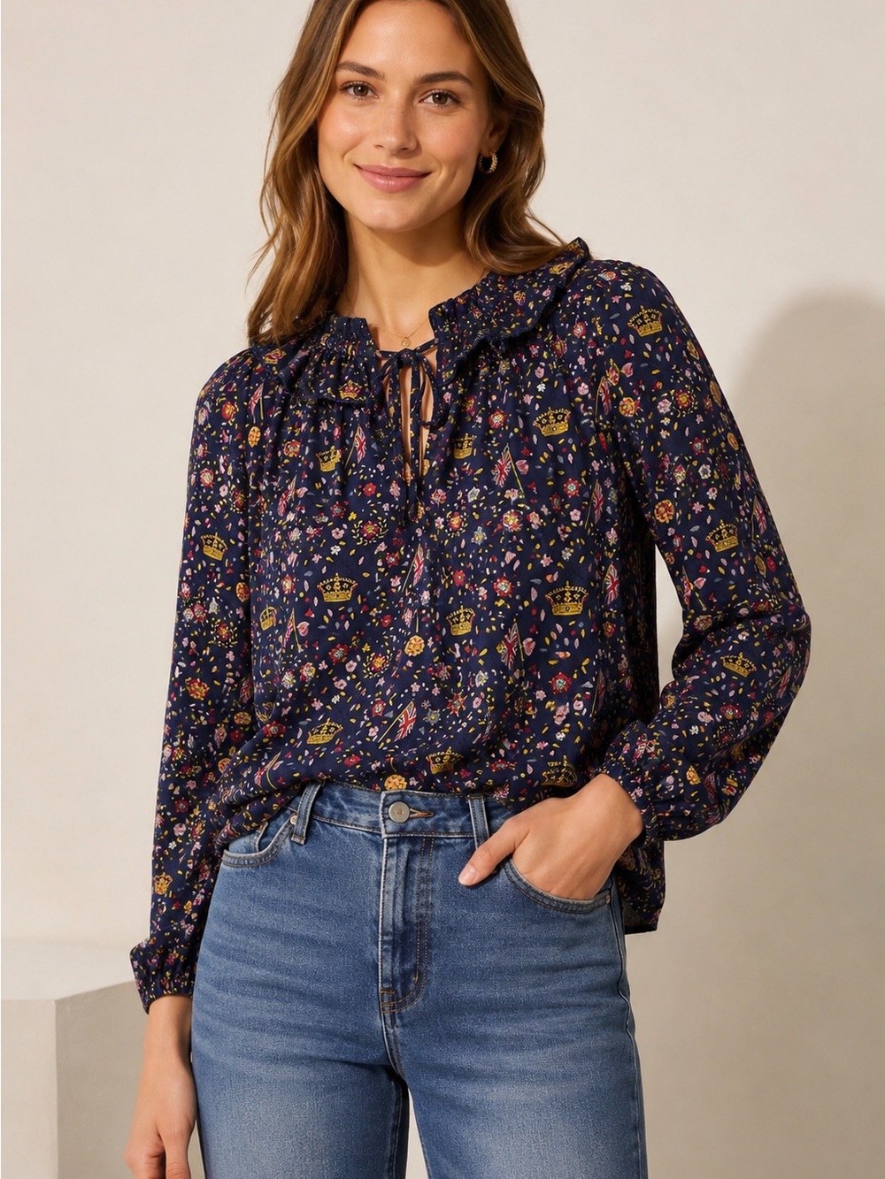 Boden Catriona Crown & Country Blouse UK 8 US 4 Navy Union Jack Floral